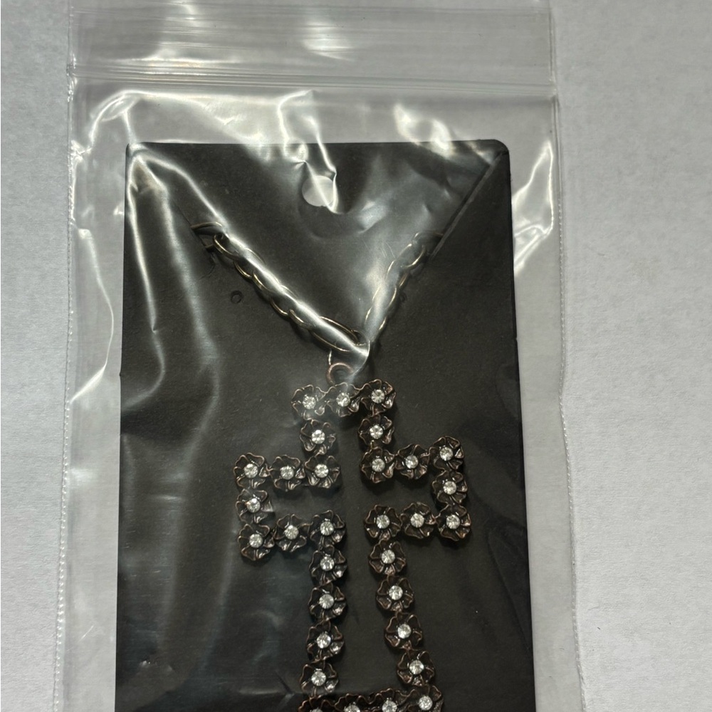 Unique Bronze Cross Pendant Necklace With Silver Crystal Accents. NWT - Picture 4 of 6